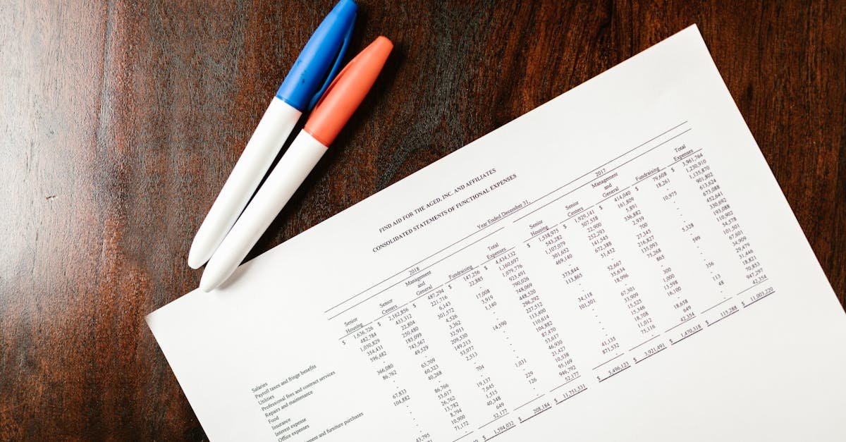 A financial statement on a wooden desk with colorful pens, ideal for accounting themes.