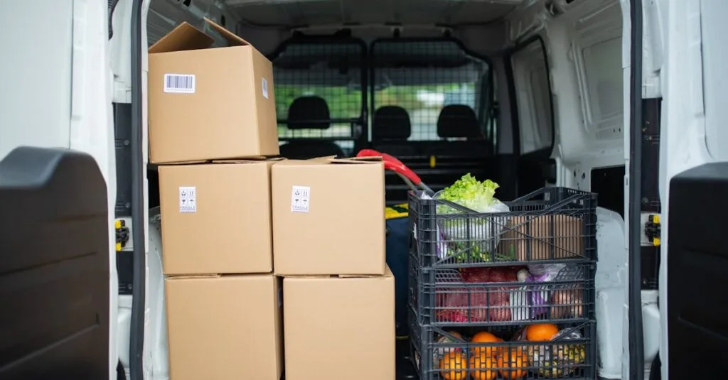 Packed delivery van with boxes and fresh produce crates for efficient logistics.