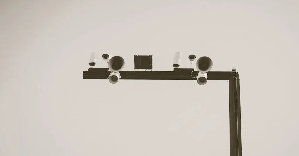 Monochrome image of CCTV cameras and speakers on an outdoor metal frame in Barcelona.