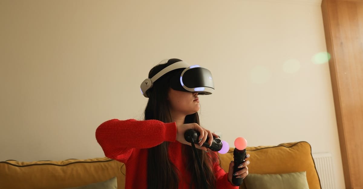 Woman playing VR game with headset and controllers in a cozy indoor setting.