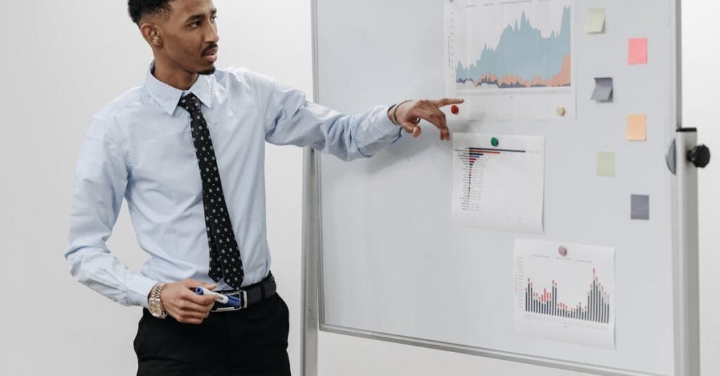 Man presenting business data with graphs on a whiteboard in a meeting.