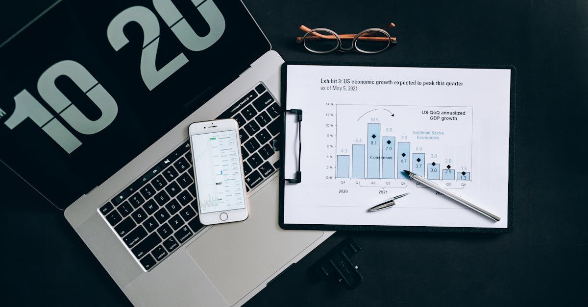 Top view of financial analysis tools on a desk including a laptop, smartphone, and graphs.