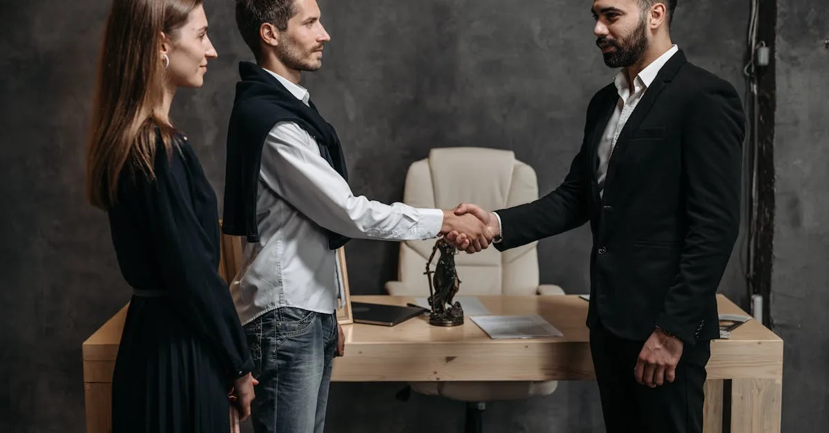 Three business professionals engage in a formal handshake in a modern office setting.