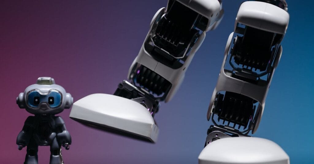 Close-up of small robot toy and large robotic leg in a moody studio setting.