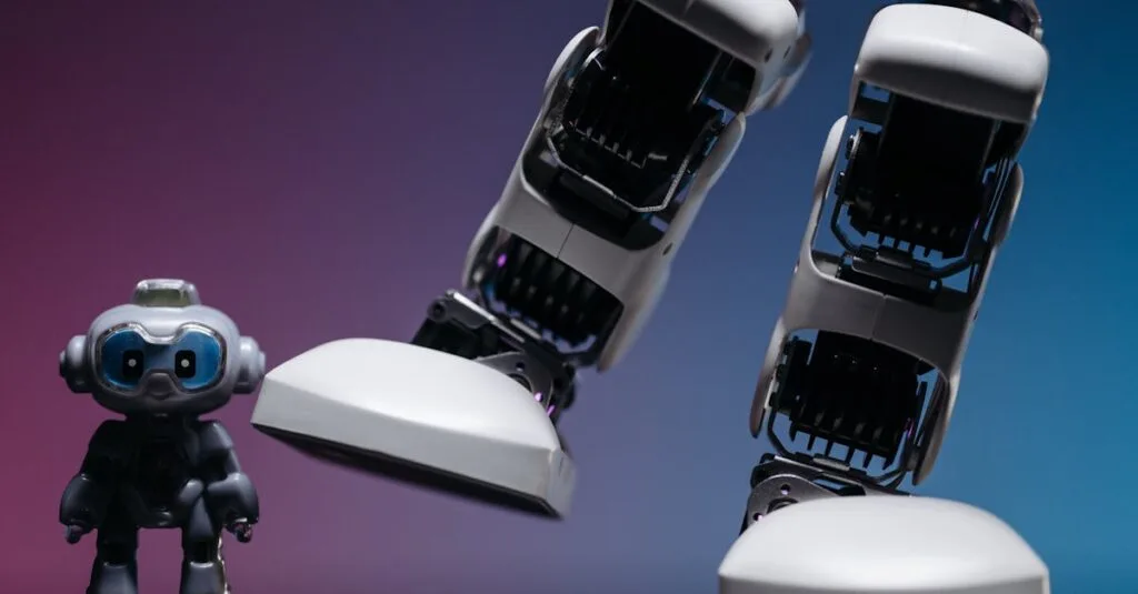 Close-up of small robot toy and large robotic leg in a moody studio setting.
