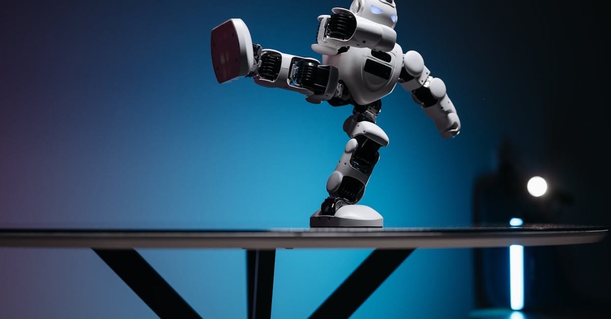 A modern robot toy balancing dynamically on one leg, set against a blue gradient background.