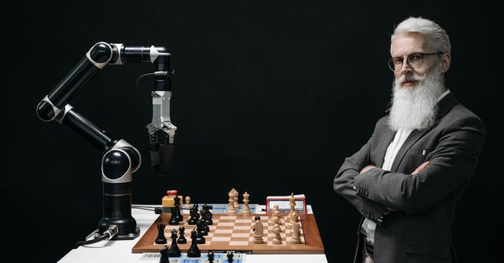 A robotic arm and a bearded man engaged in a strategic chess game highlighting technology and innovation.