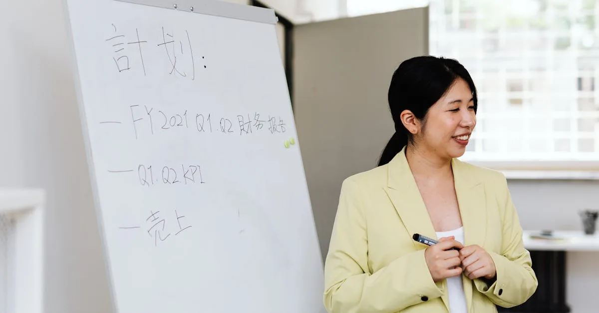 Asian businesswoman presenting a strategic plan on a whiteboard during a workplace meeting.