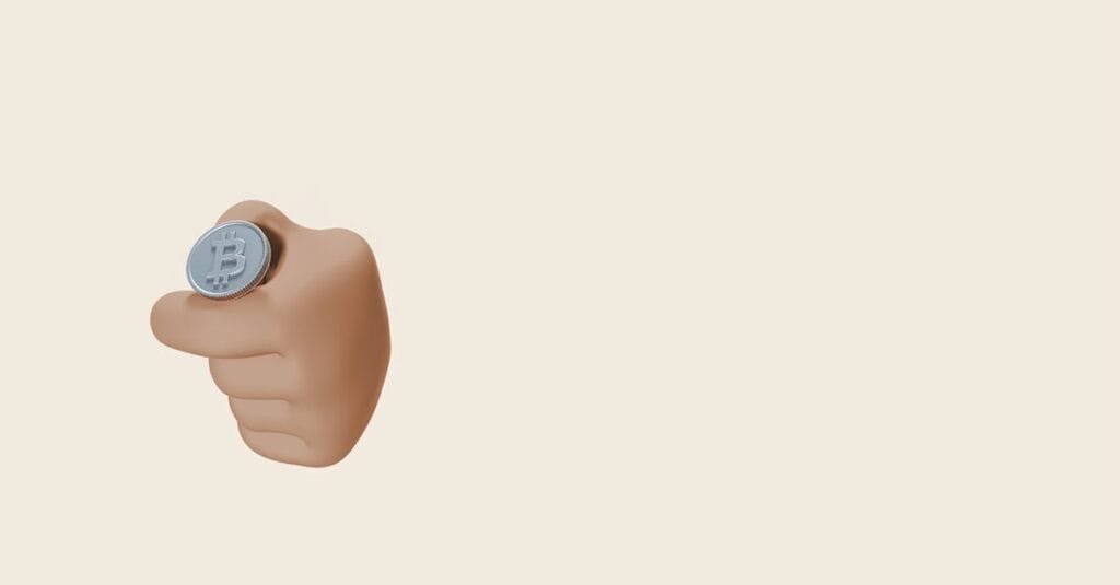3D rendered illustration showing a hand flipping a Bitcoin coin on a solid background.