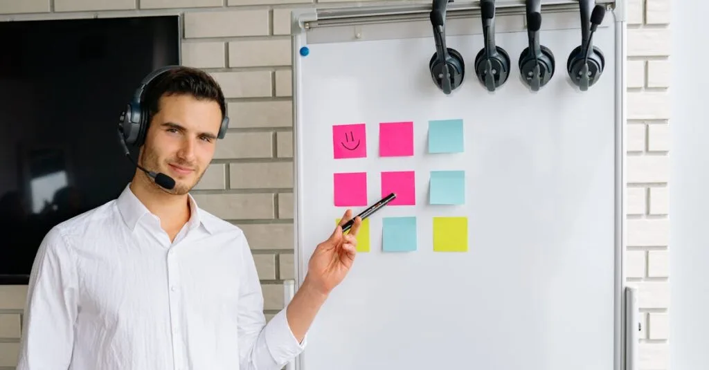 Confident businessman wearing headset, presenting ideas using sticky notes on a whiteboard in modern office.