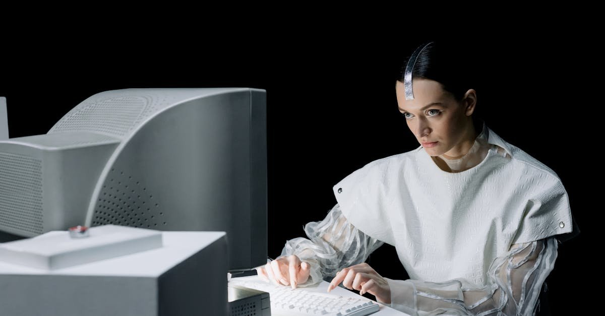 A woman in a futuristic setting working on an old computer, suggesting a blend of past and future.