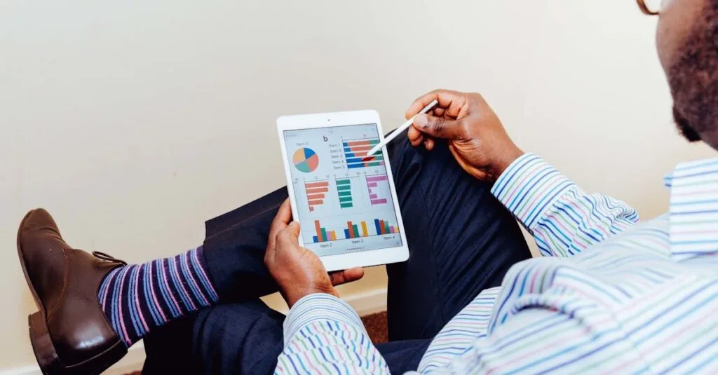 Businessman using a tablet for data analysis in a relaxed office setting.