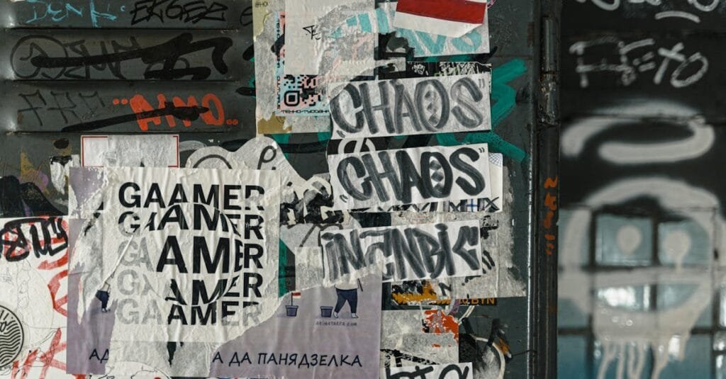 Vibrant urban scene of graffiti and layered posters on a city wall, capturing street art culture.