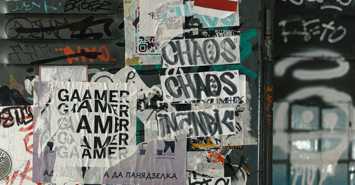 Vibrant urban scene of graffiti and layered posters on a city wall, capturing street art culture.