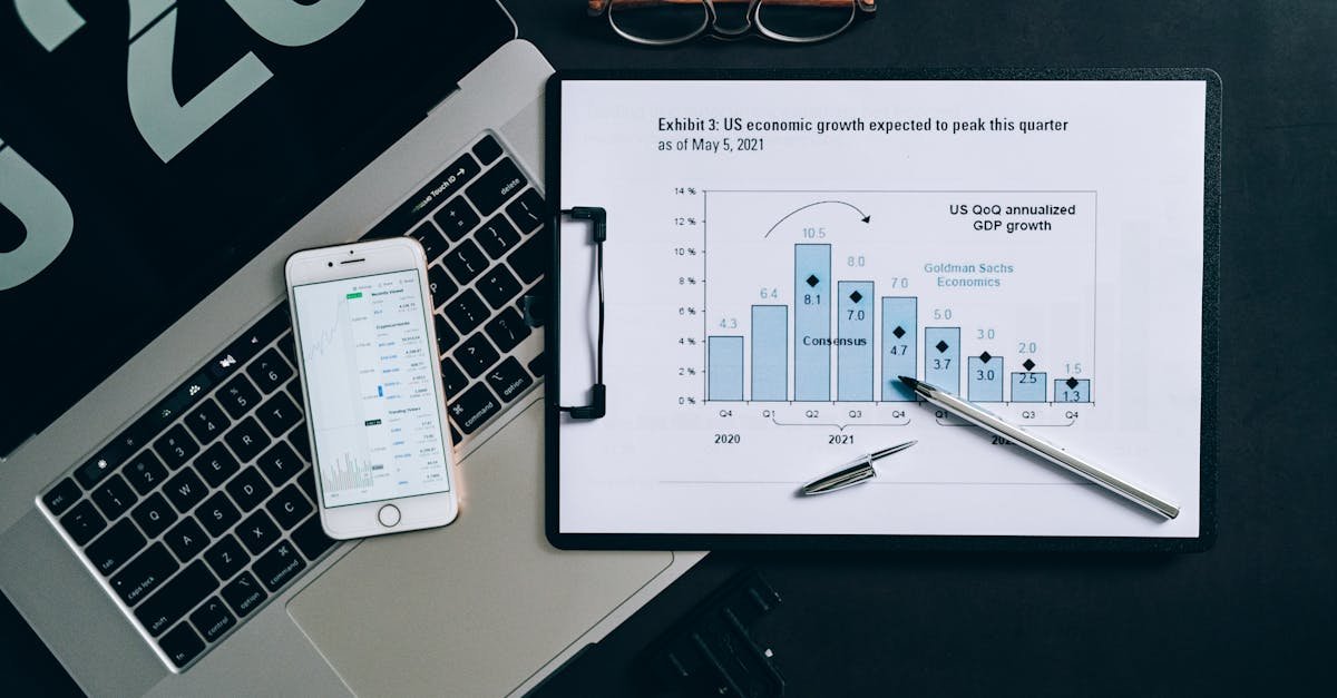 Top view of a financial data analysis setup with laptop, smartphone, and graph on clipboard.