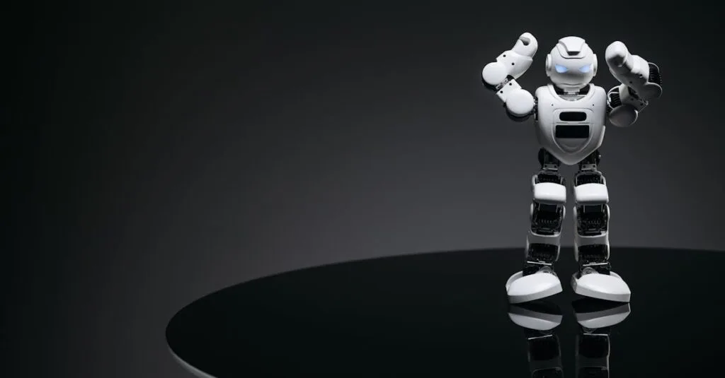 A small humanoid robot with glowing eyes on a reflective table in a dark setting.