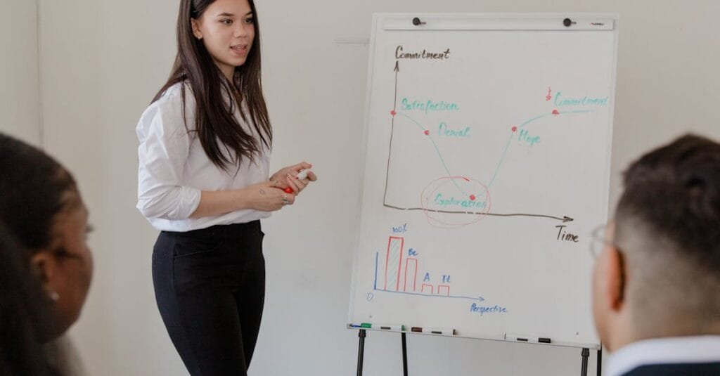 Businesswoman presenting graphs to an attentive audience in a meeting room.